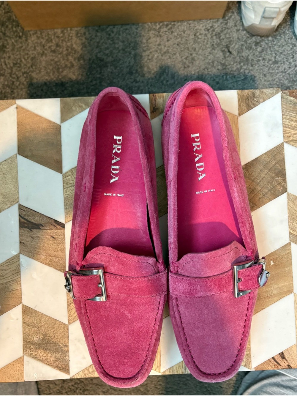 Prada Pink Suede Buckle Loafers